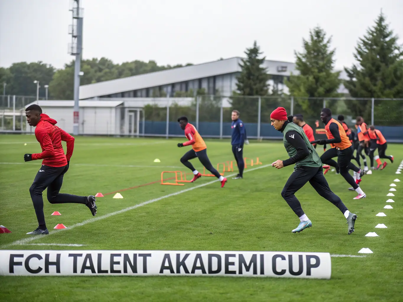 A dynamic image of students actively participating in a football training session on a well-maintained field, showcasing teamwork and skill development.