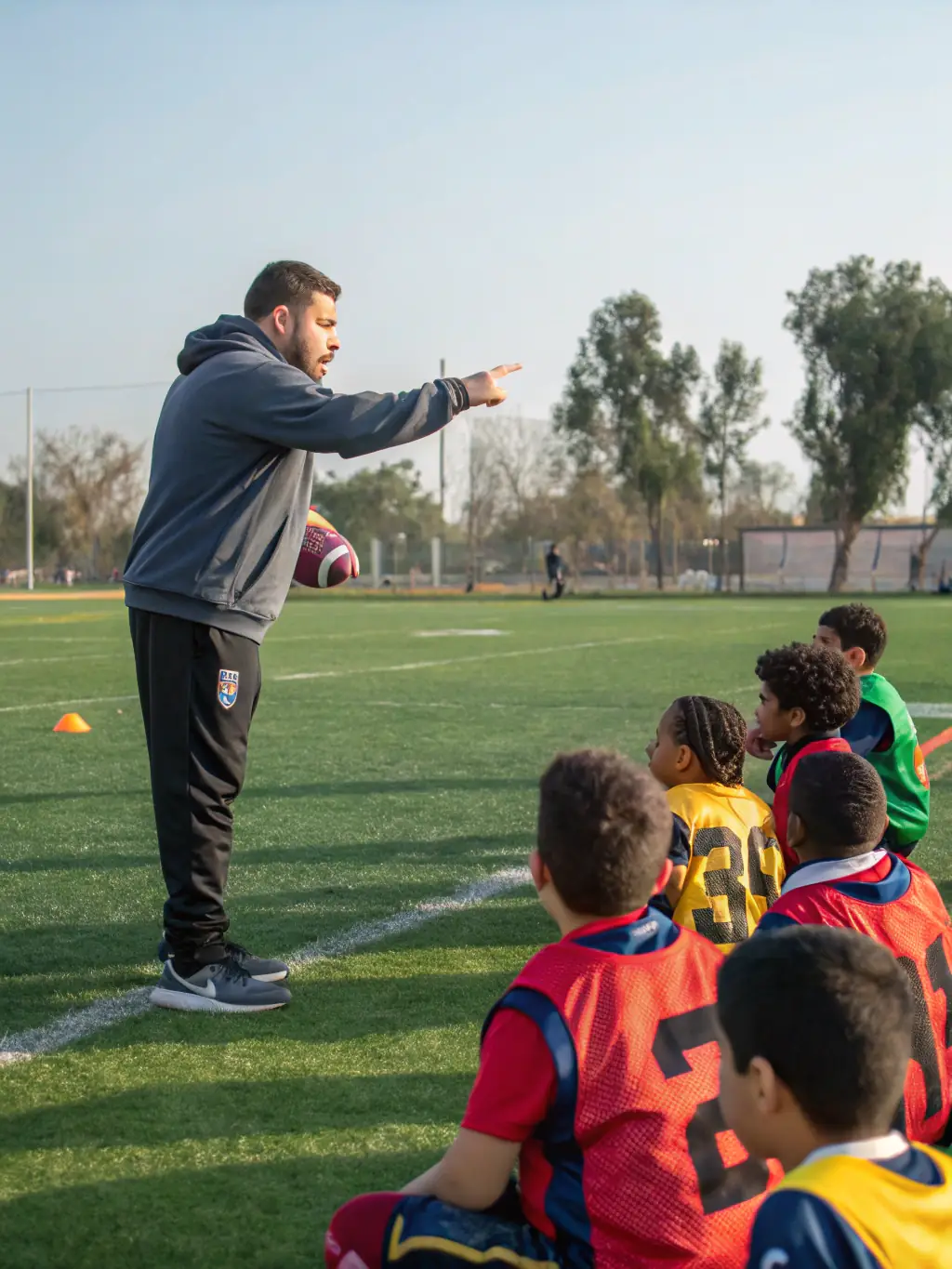 Students participating in a football training session on the school's football field, emphasizing agility and strategy.