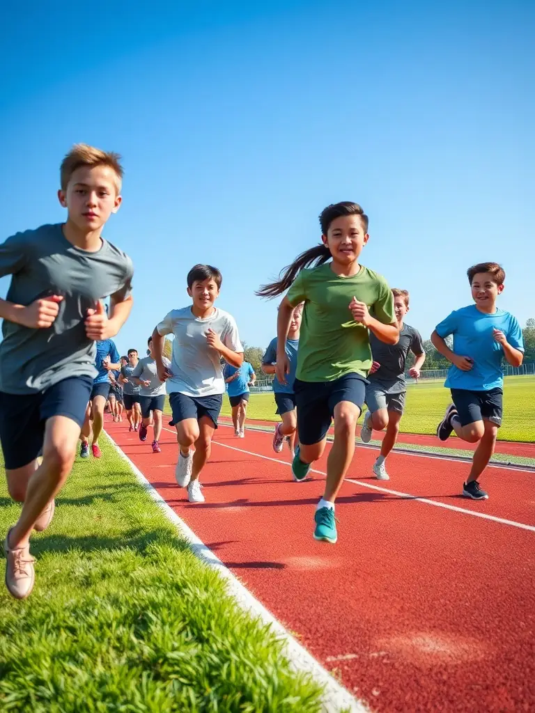 Students running track and field during an athletics event, highlighting speed and endurance.