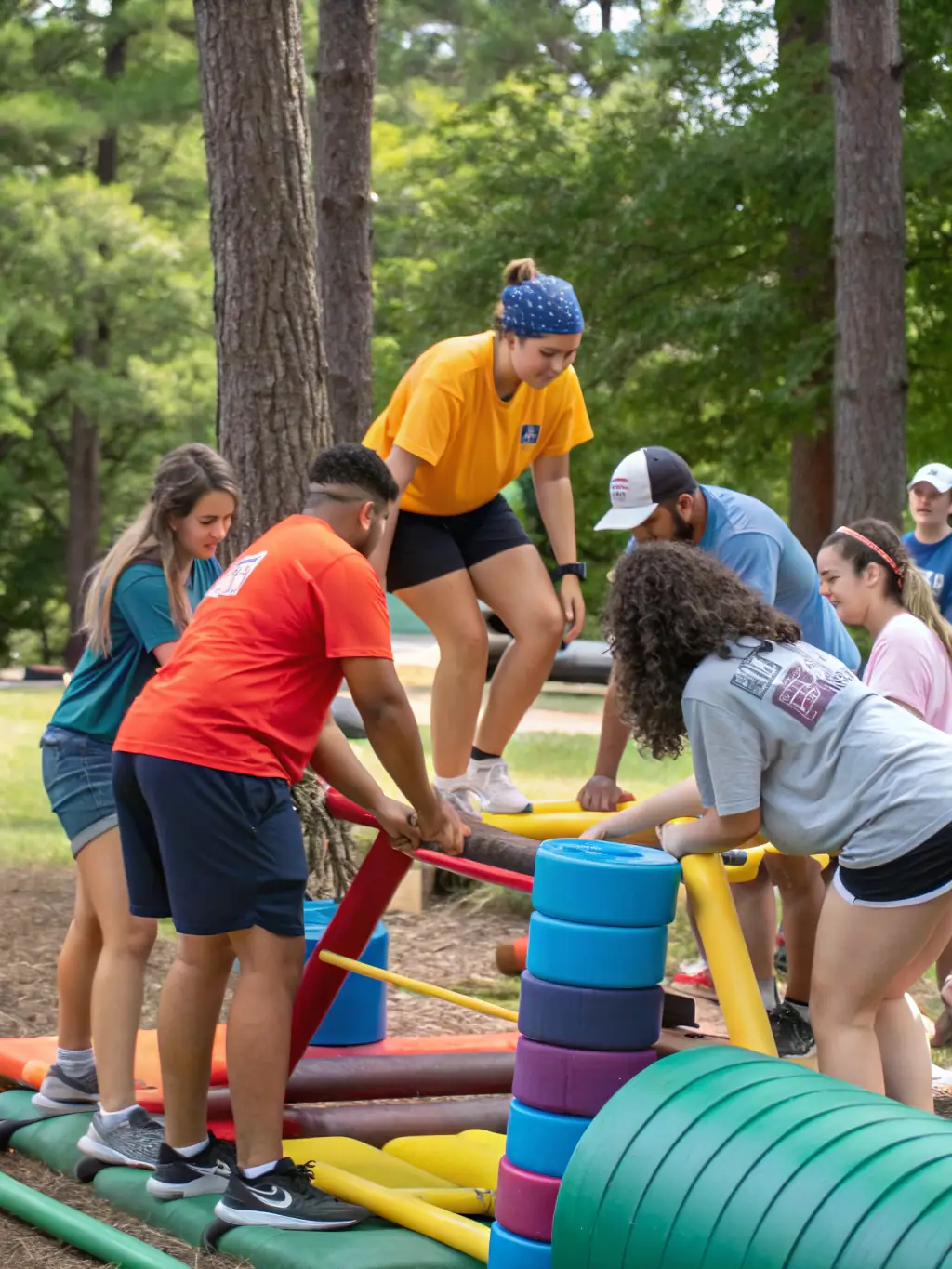 A dynamic image of students collaborating during a team-building exercise at UNION SPORTIVE DU COLLEGE MARMONTEL, emphasizing the importance of teamwork.