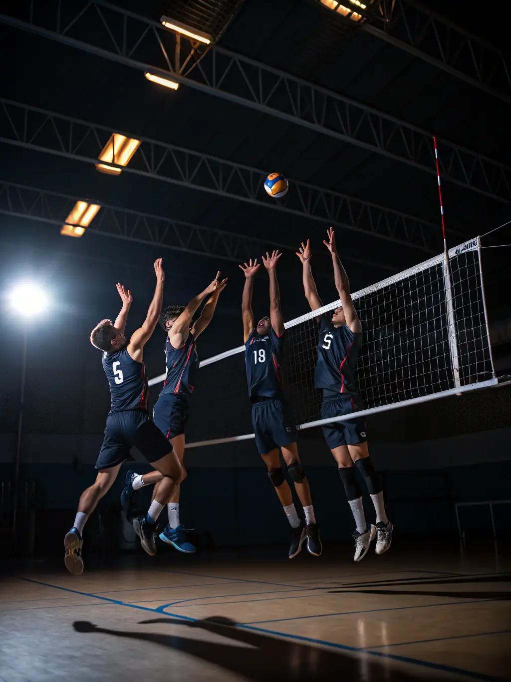 A group of students practicing volleyball in the school gymnasium, focusing on coordination and communication.